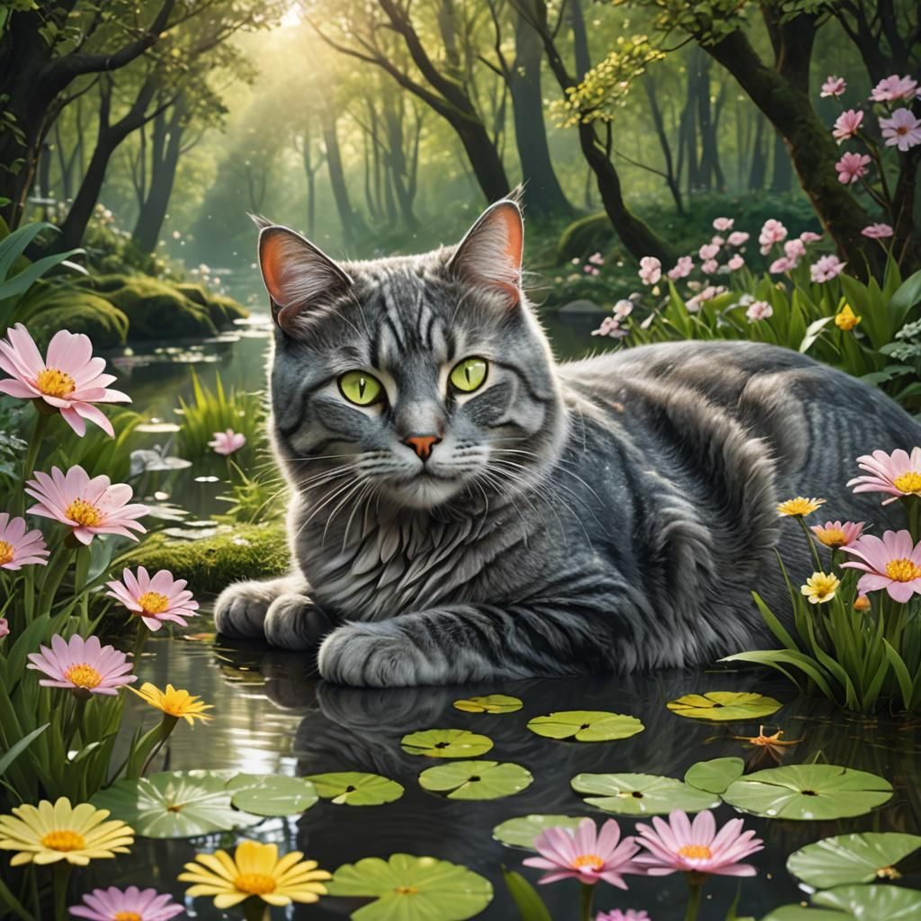 Gray Cat in Sparkling Forest: Detailed Matte Painting