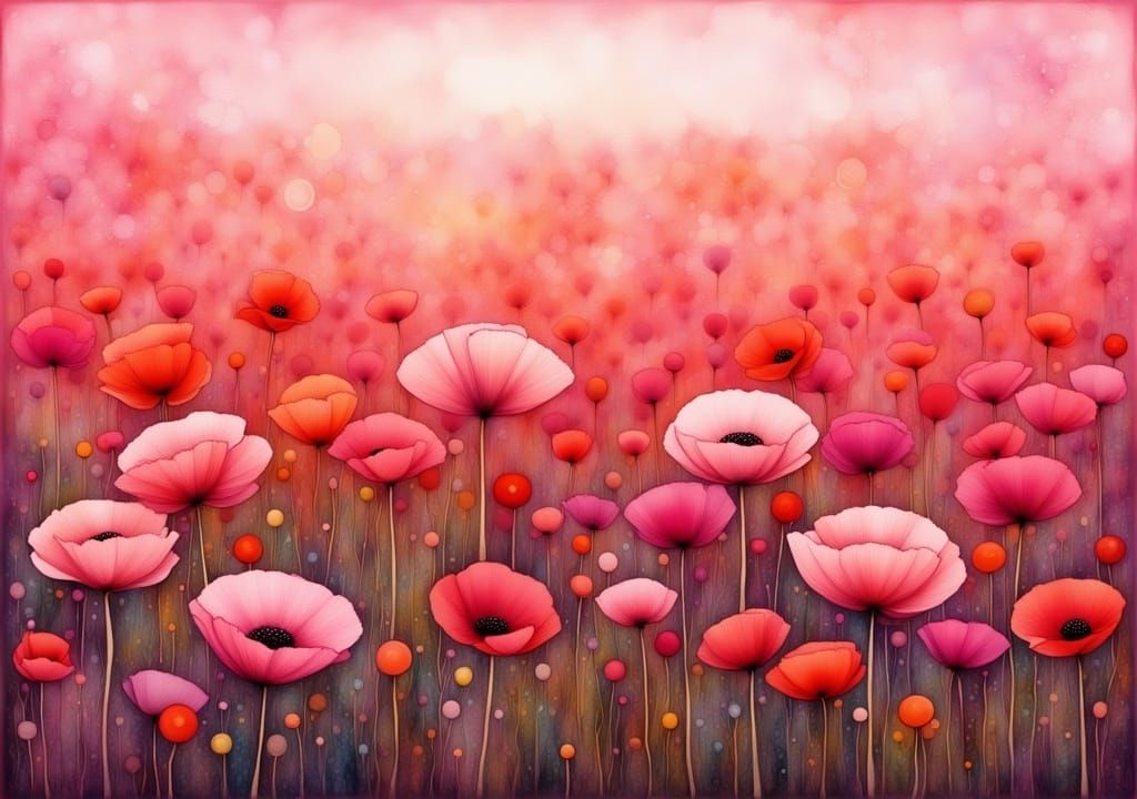 Poppy Field in Pink Light, Pointillism Style