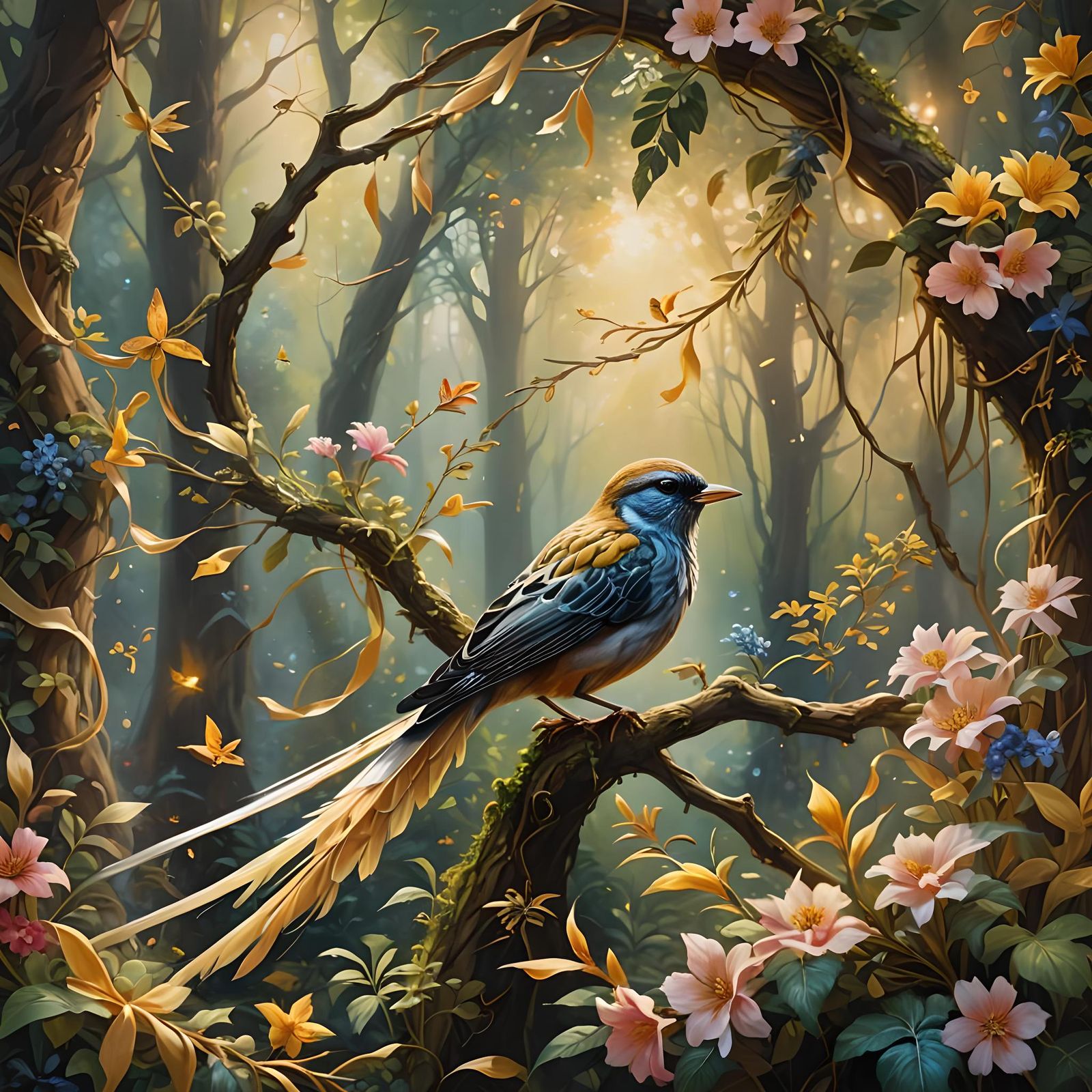 Enchanted Forest Bird with Golden Ribbons