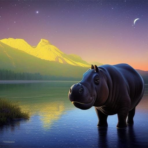 Hippo Grazing Under Starry Night Sky