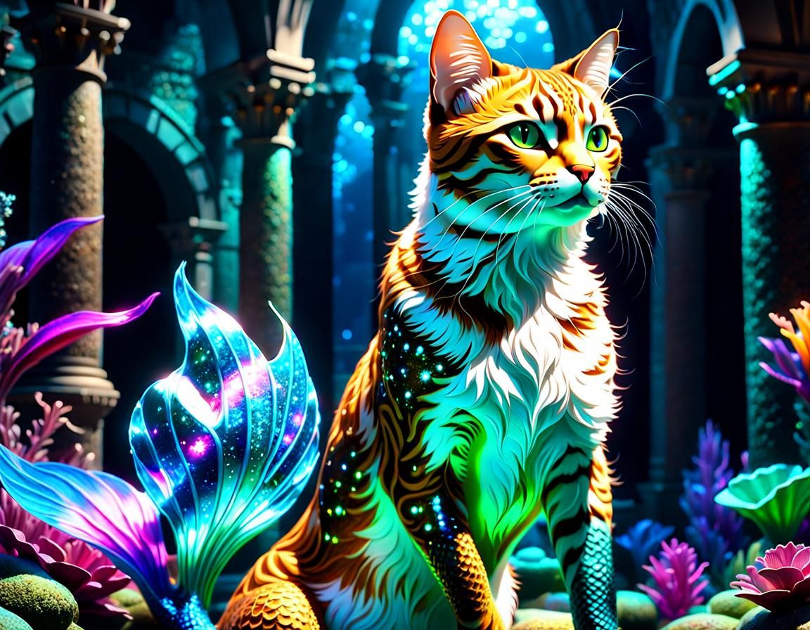 Detailed Cat Mermaid in Atlantis Ruins