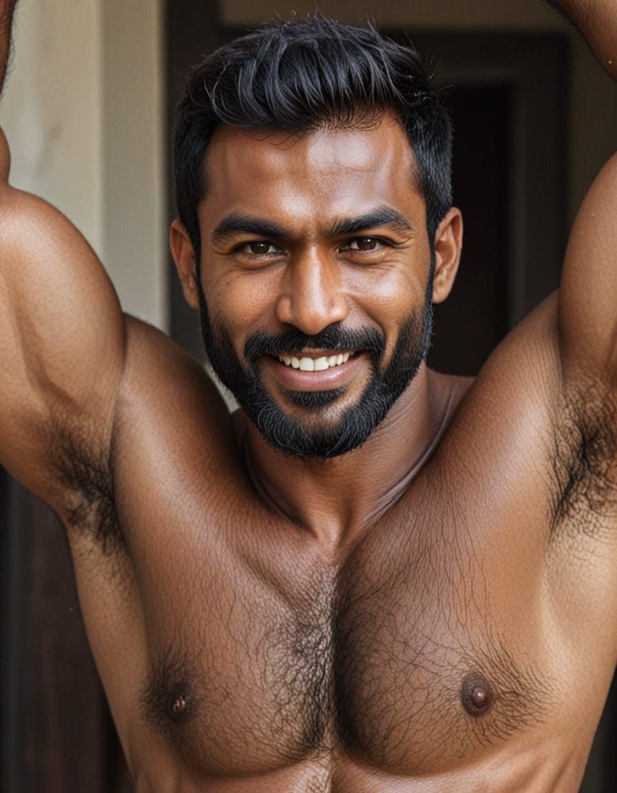 Handsome Dark-Skinned Man with Hairy Chest and Stubble