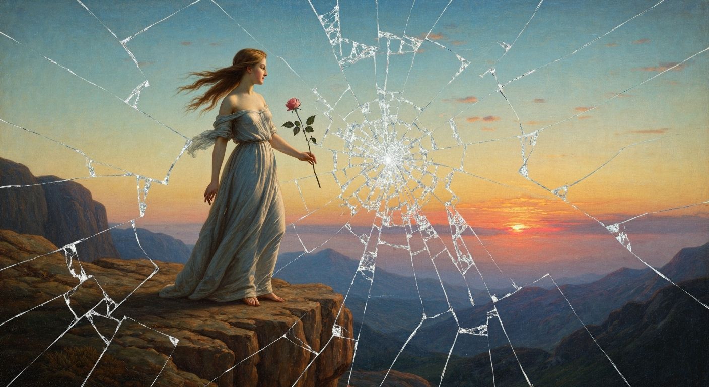 Woman with Rose on Cliff Overlooking Sunset, Glass Collage