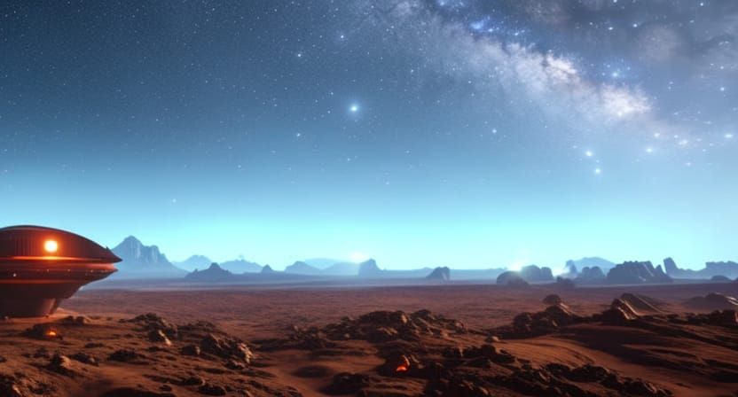 Surreal Alien Planet at Night with Space Vehicle