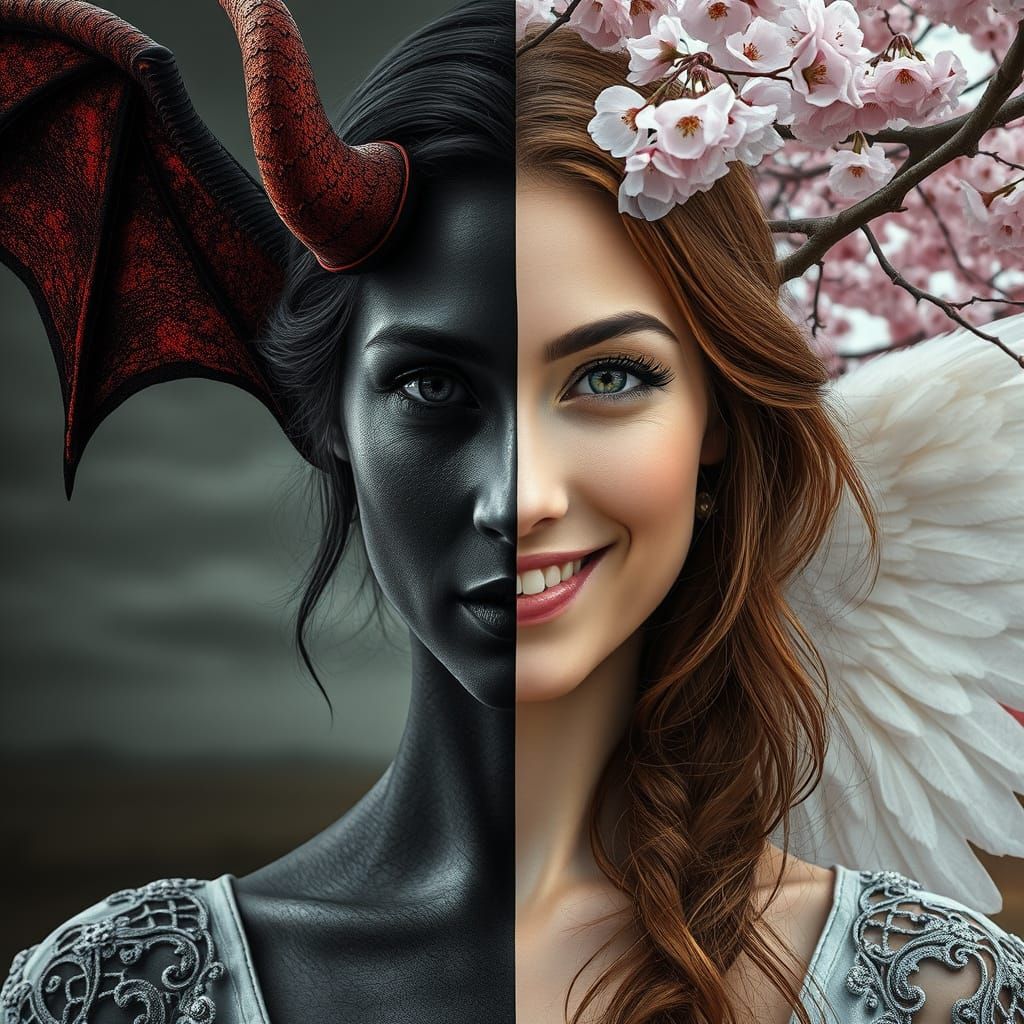 Angelic Devil Woman in Hyperrealistic Split Image