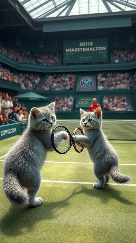Kittens Play Tennis at Wimbledon: Detailed Matte Painting