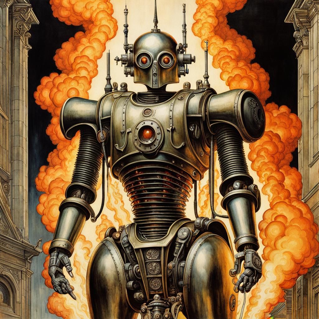 Robot Flamethrower in Medieval Biopunk Comic Style