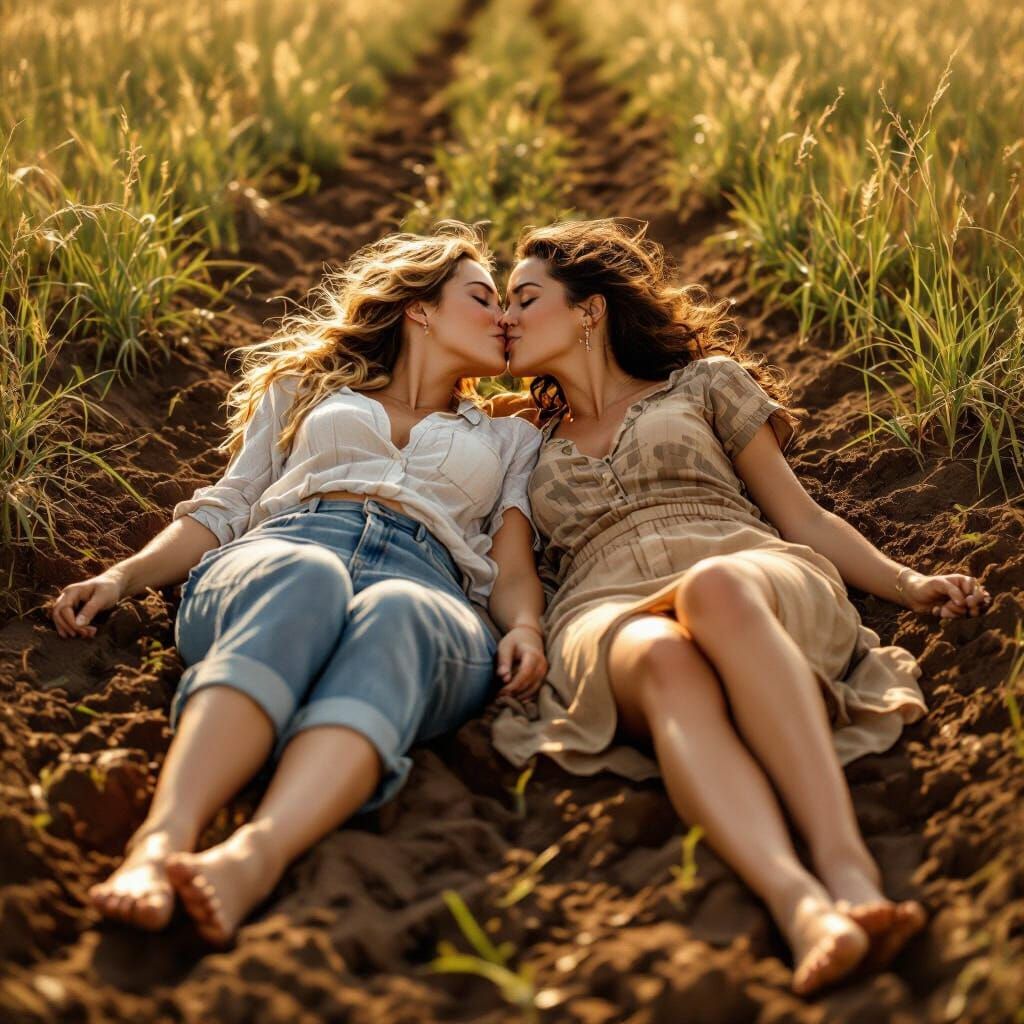 Intimate Kiss in Muddy Field, Expressive Art Style