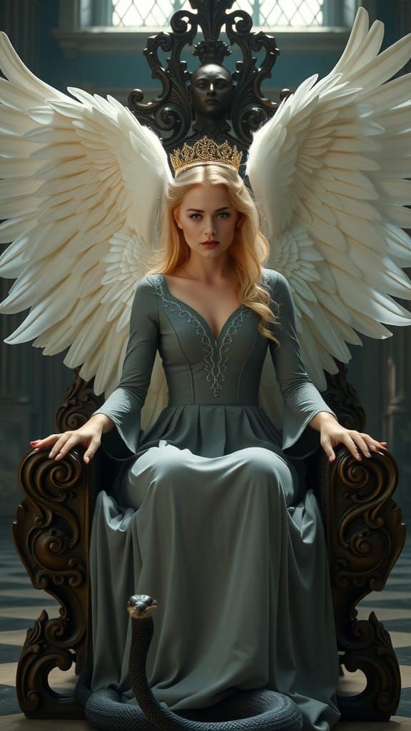 Regal Angel Majestically Seated on Throne, Surrounded by Mys...