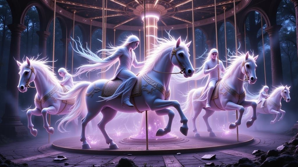 An abandoned carousel populated by ethereal, spectral horses...