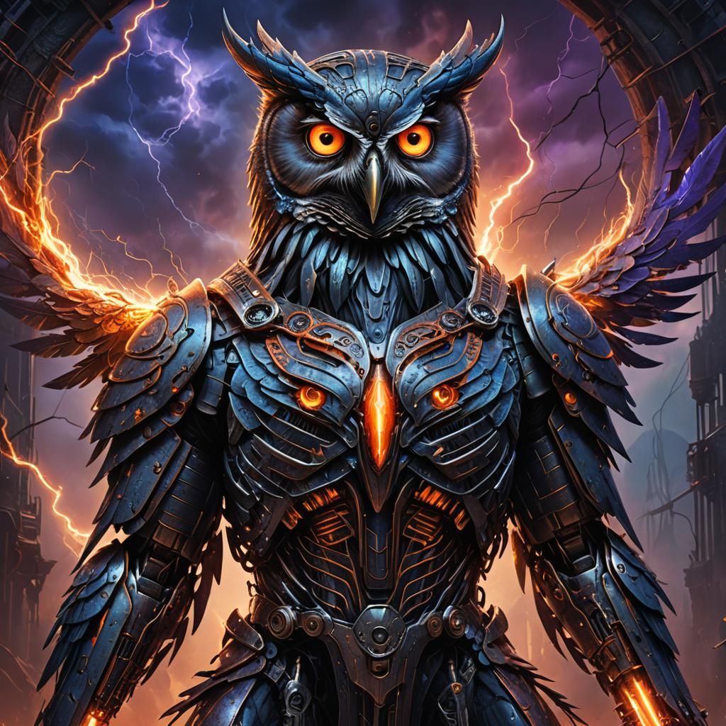 Fantasy Owl with Lightning Eyes and Metal Body