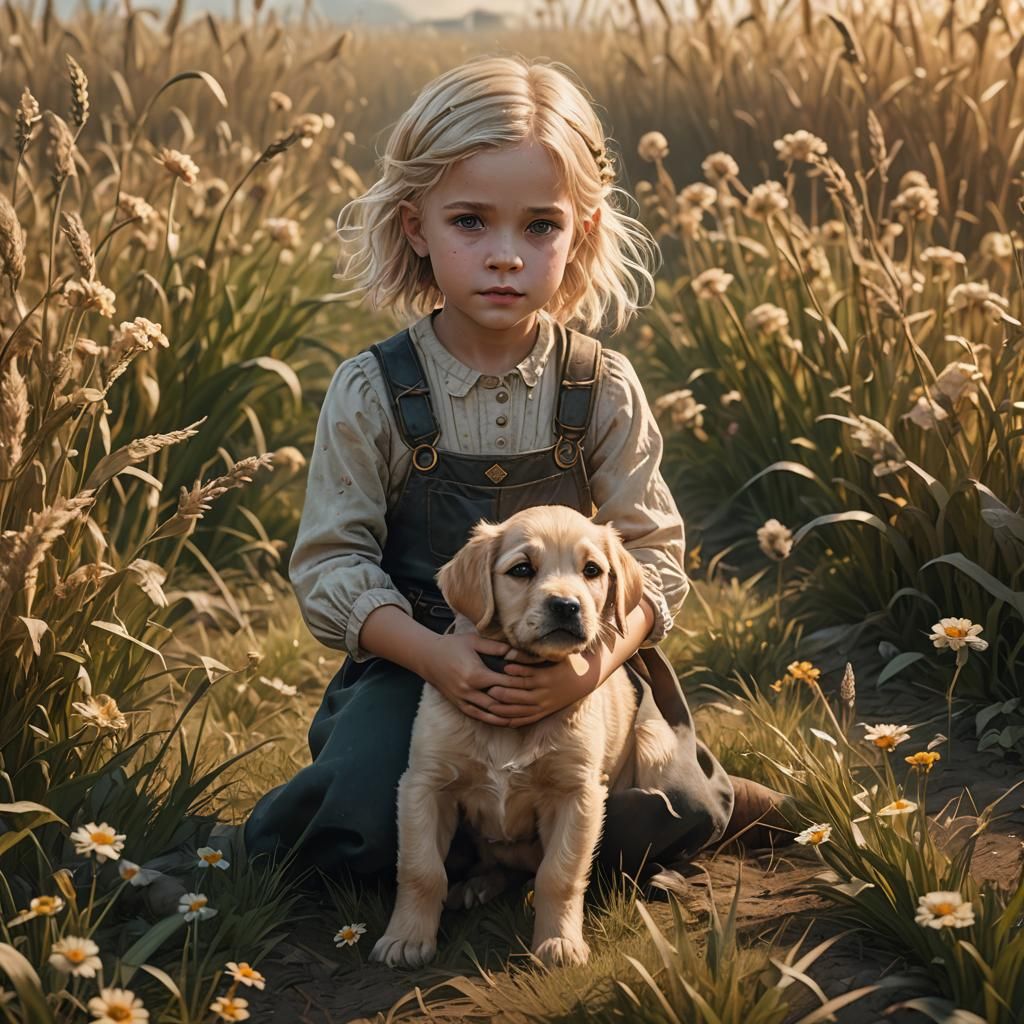 Blonde Girl and Puppy: Detailed Fantasy Art