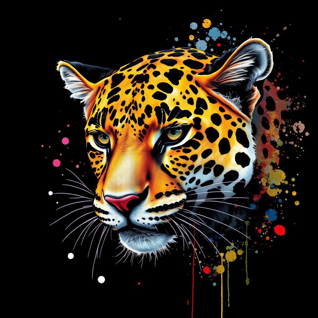Stunning Iridescent Jaguar in Watercolor Ink Splatter Style