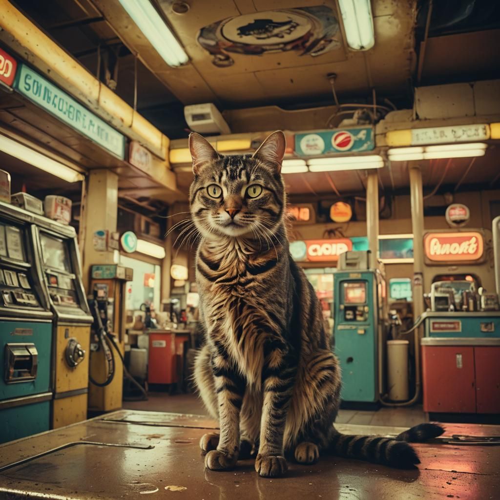 Tabby Space Cat at Alien Gas Station in Surrealism
