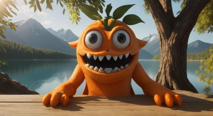 Hyper-Realistic 3D Orange Fruit Monster in Forest