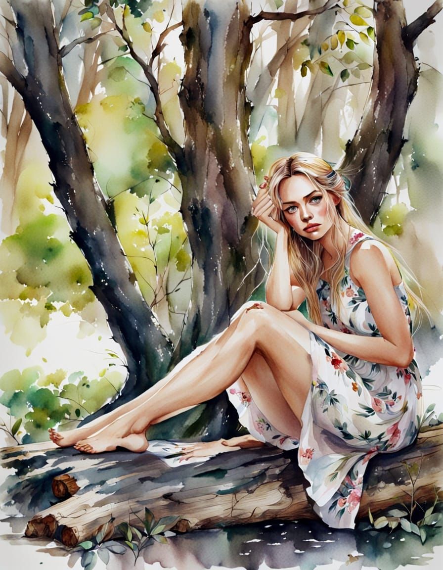 A Delicate Watercolour Masterpiece of a Blonde Girl in a Flo...