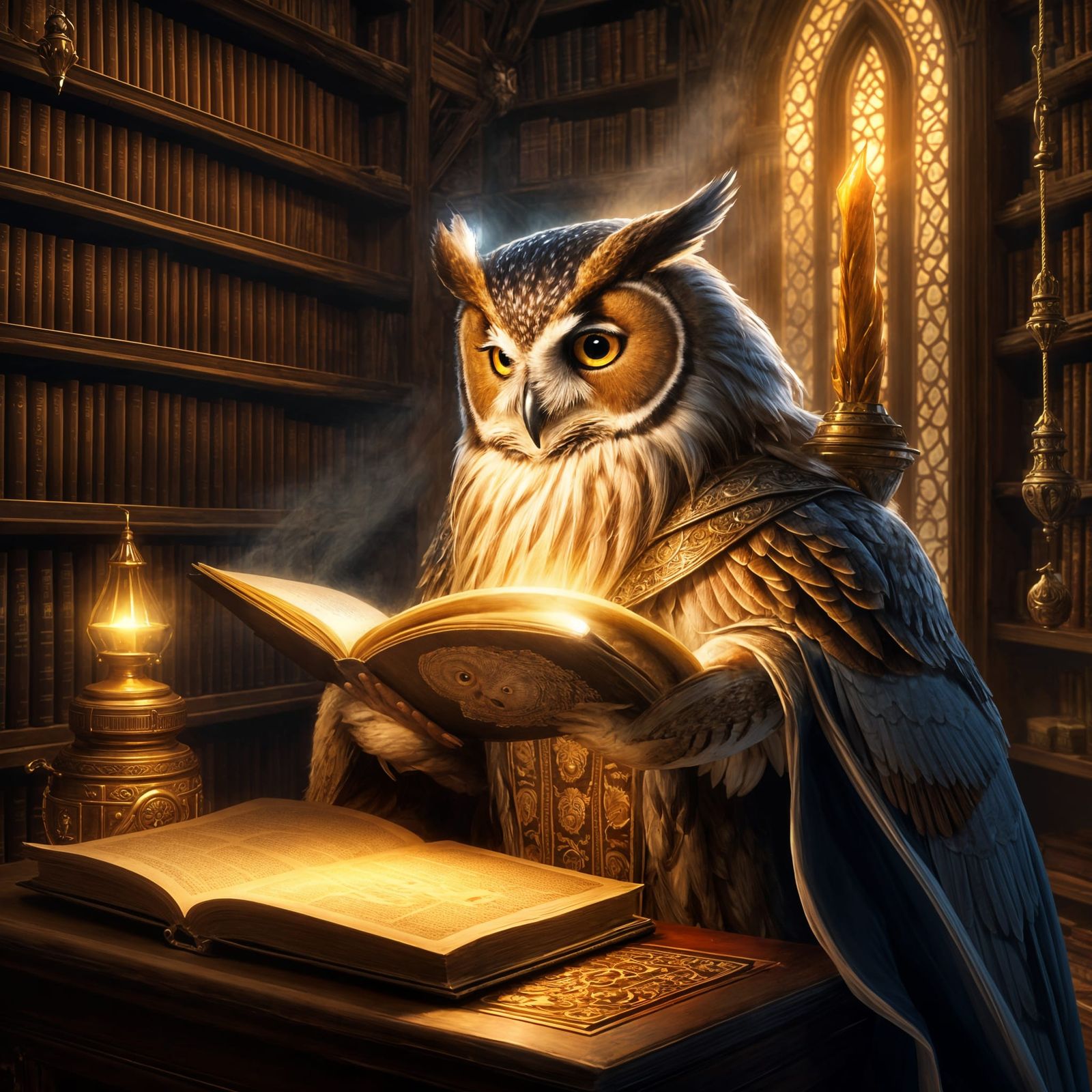 Owl Wizard Reads Scroll: Fantasy Art