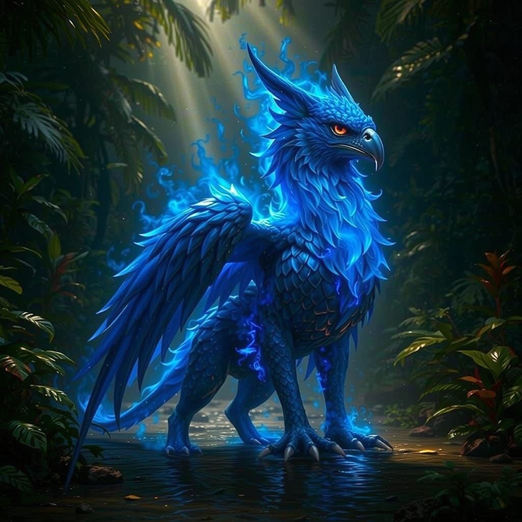 Blue Fire Griffin in Tropical Riverbed with Volumetric Light...