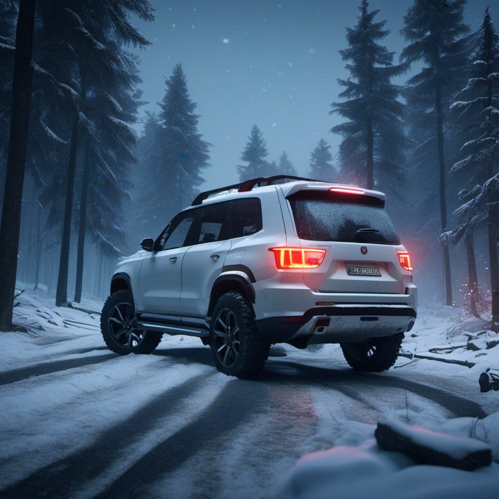 SUV Stranded in Snowy Forest at Midnight