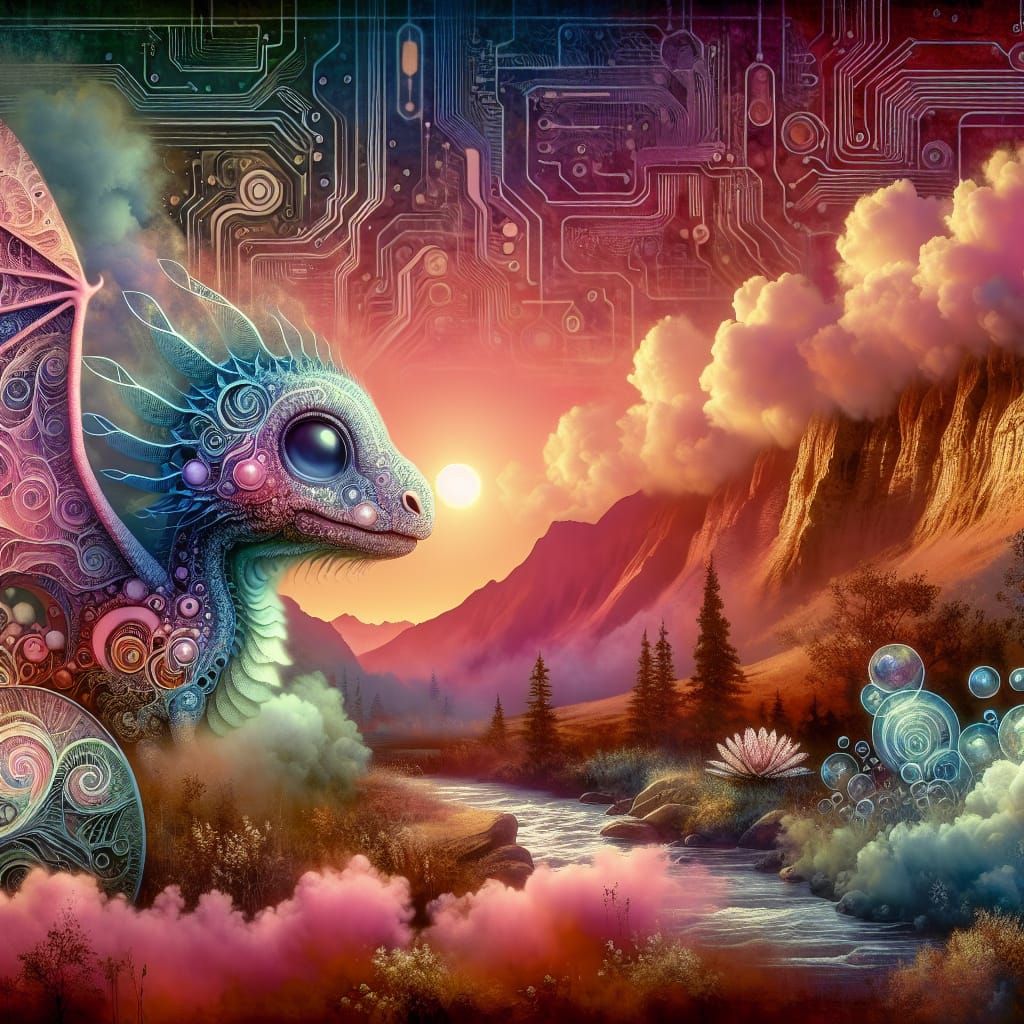 Baby Dragon Emerges into Sunset Circuit Board World