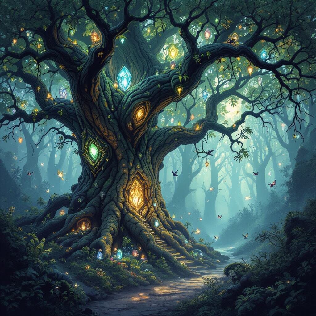 Enchanted Forest with Glowing Gemstone Trees