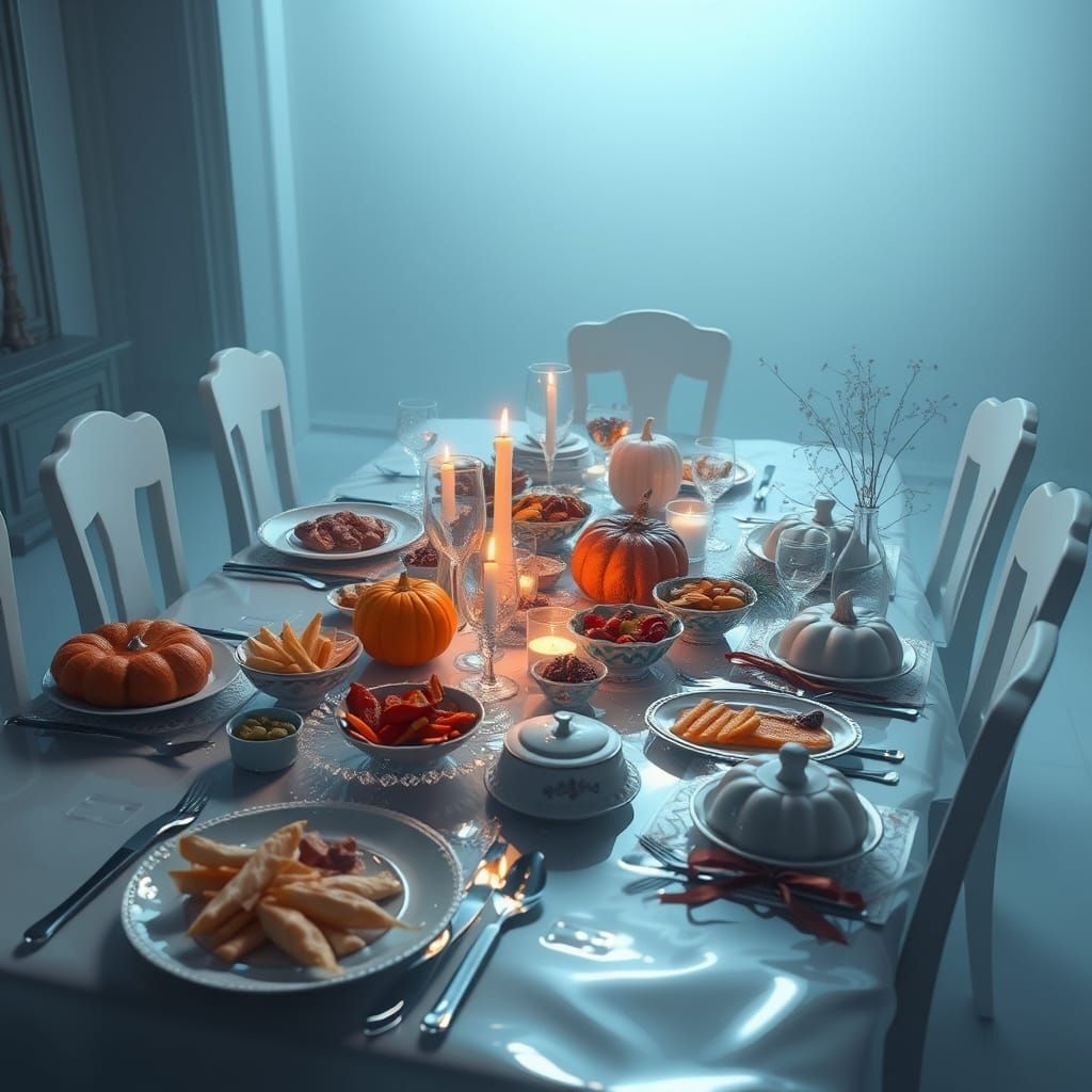 Ethereal Water Sculpture of Futuristic Thanksgiving Feast