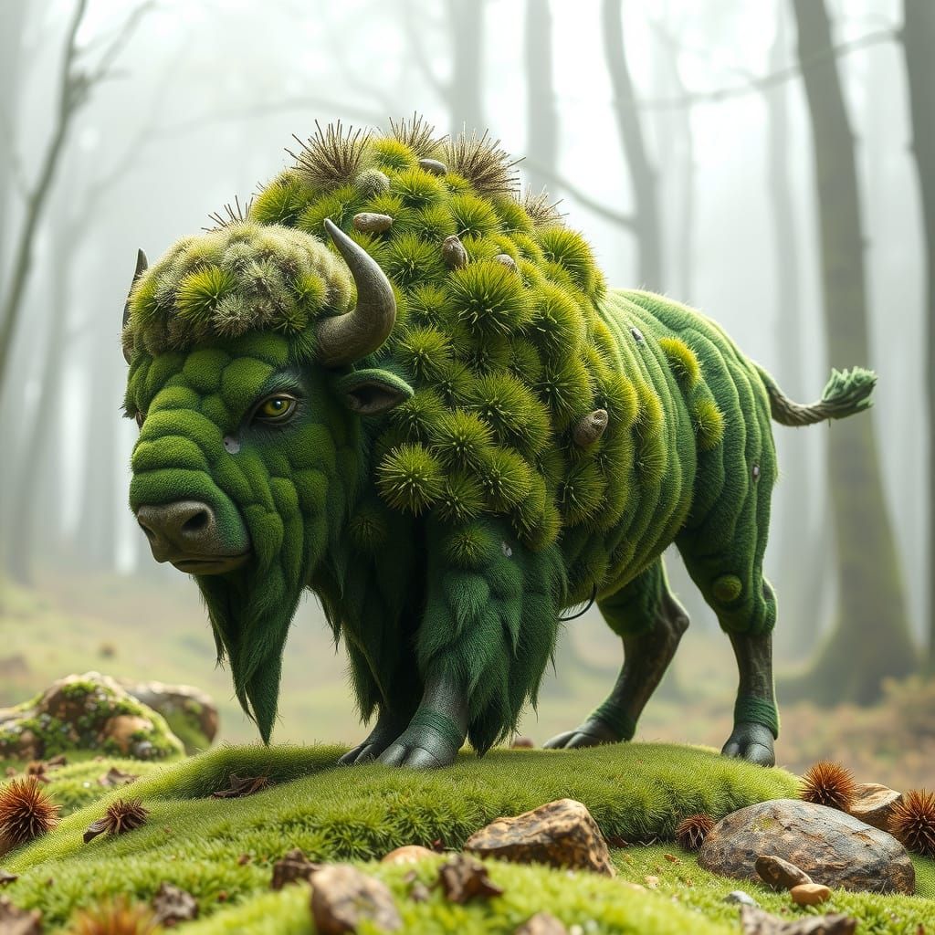 Surreal Grass Bison Sculpture in Earthy, Whimsical Style