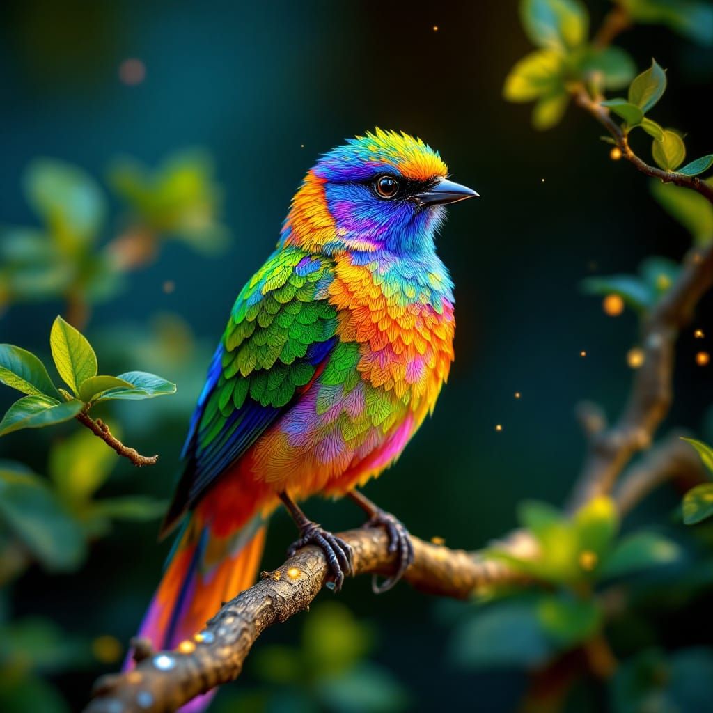 Iridescent Bird on Branch in Fantasy Concept Art Style
