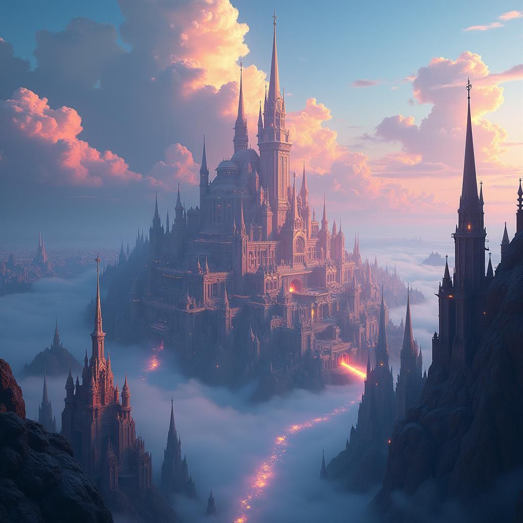 Celestial Metropolis of Ethereal Spires in Fantasy Style