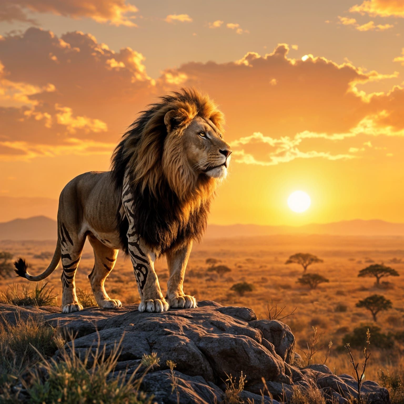 Majestic Lion with Tribal Markings on Savanna Overlook