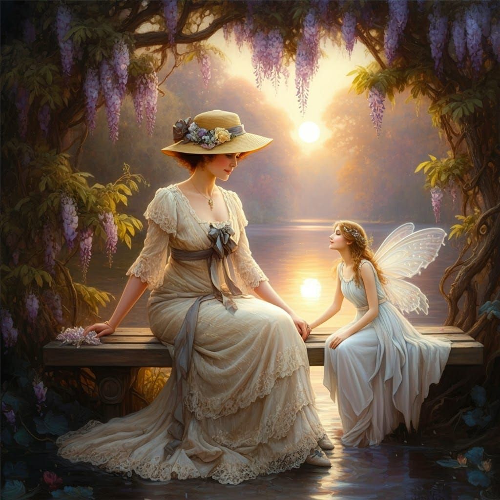 Woman on Bench by Lake in Impasto Style