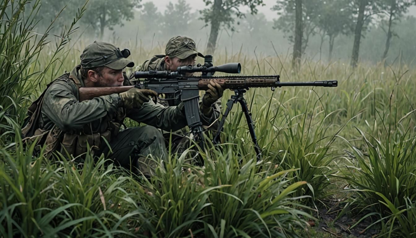 Camouflaged Sniper Targeting Enemies in Foggy Landscape