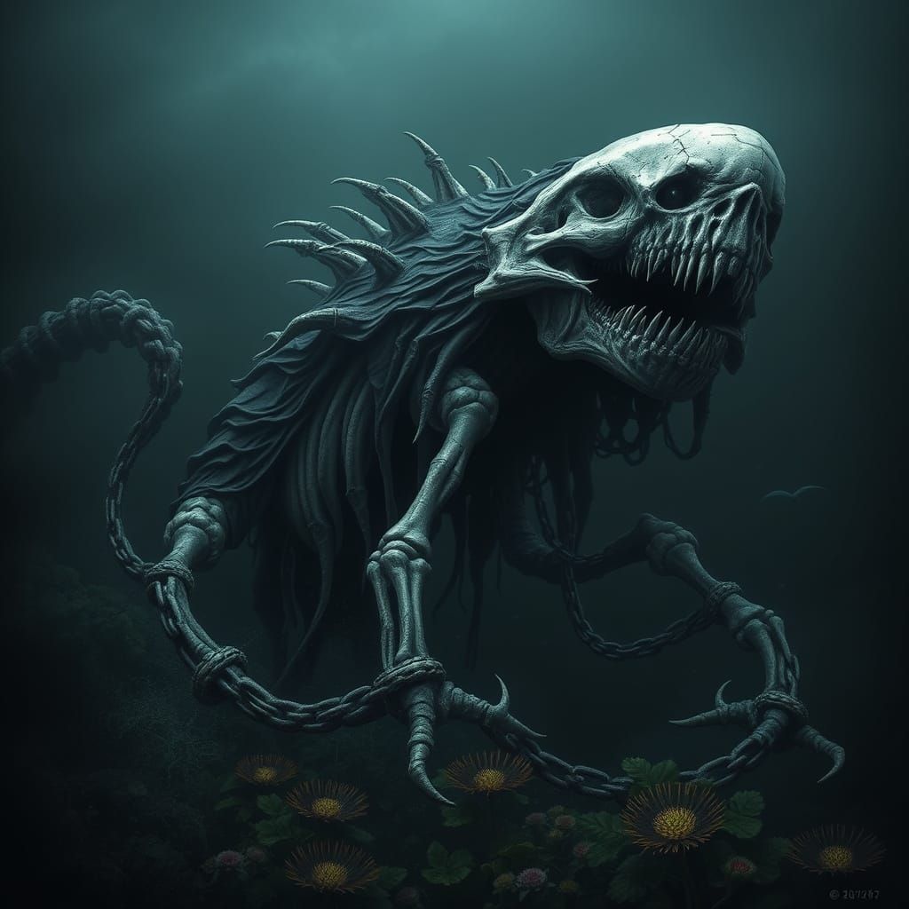 Skeletal Leviathan Rises from the Dark, Bioluminescent Depth...