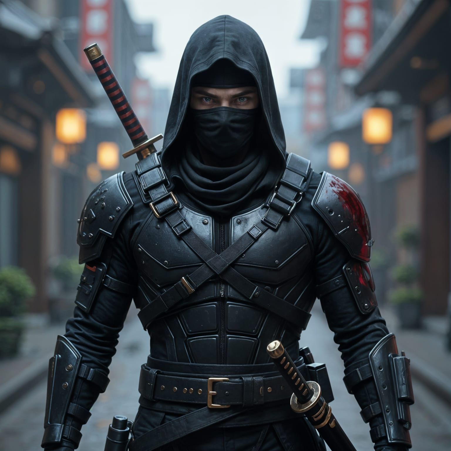 Black Nanotech Assassin with Dual Katanas: 3D Rendering