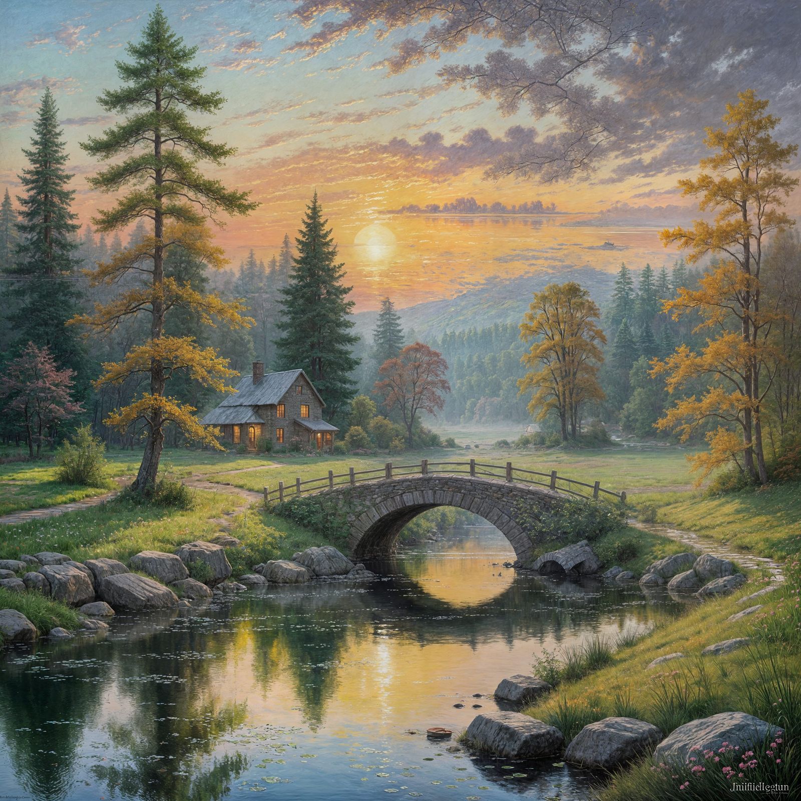 Peaceful River Scene in Soft Impressionist Style