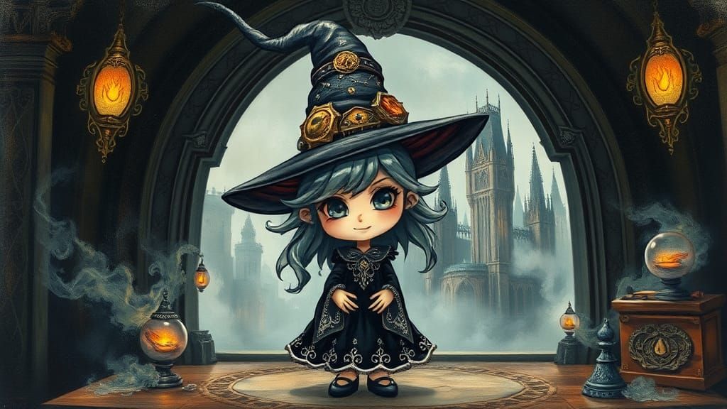 Chibi Witch in Surreal Impasto Dystopian Landscape