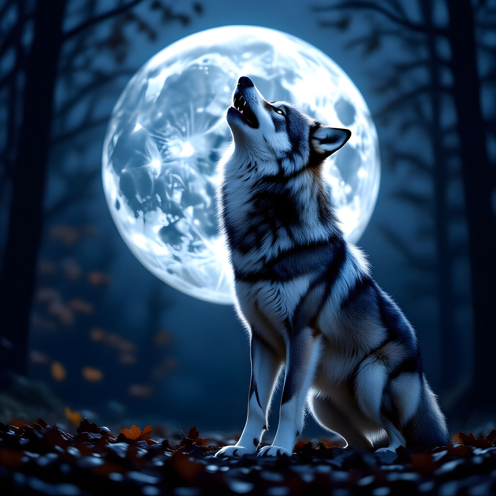 Hyper-Realistic Wolf Howling at Harvest Moon