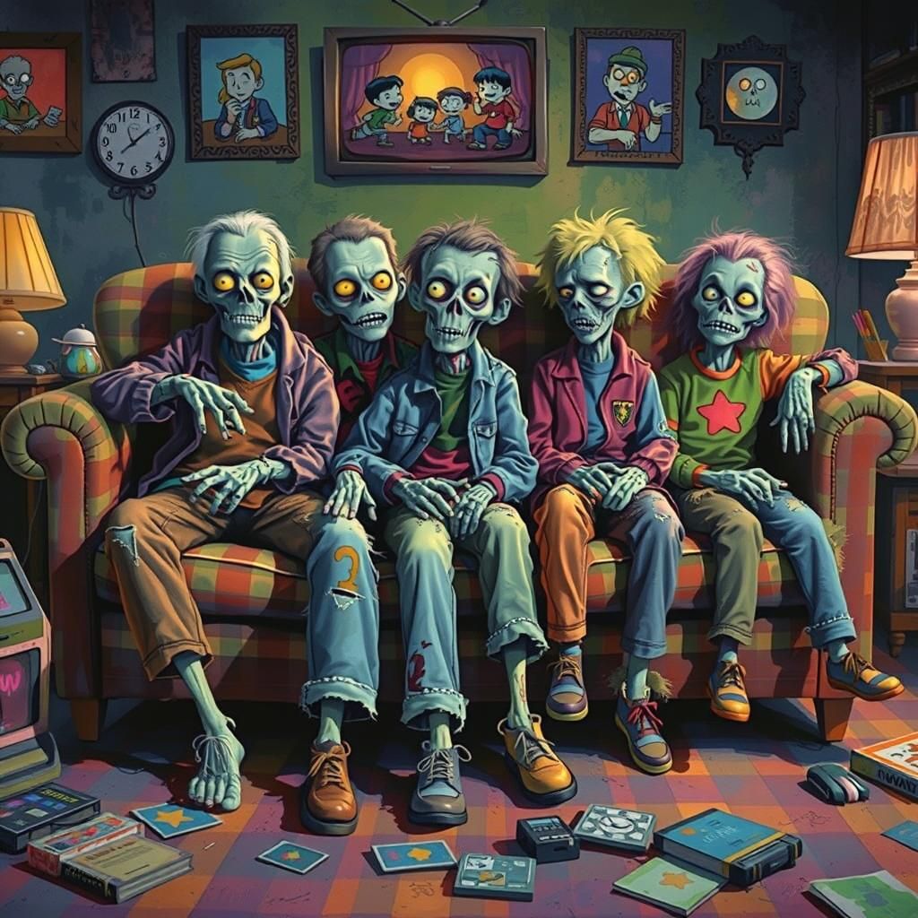 Zombies Lounging on Couch in 80s Living Room