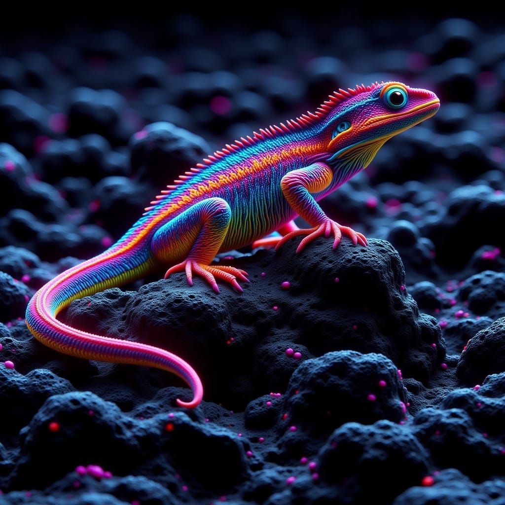 Intricately Detailed Neon Lizard in Triadic Colors under Bla...