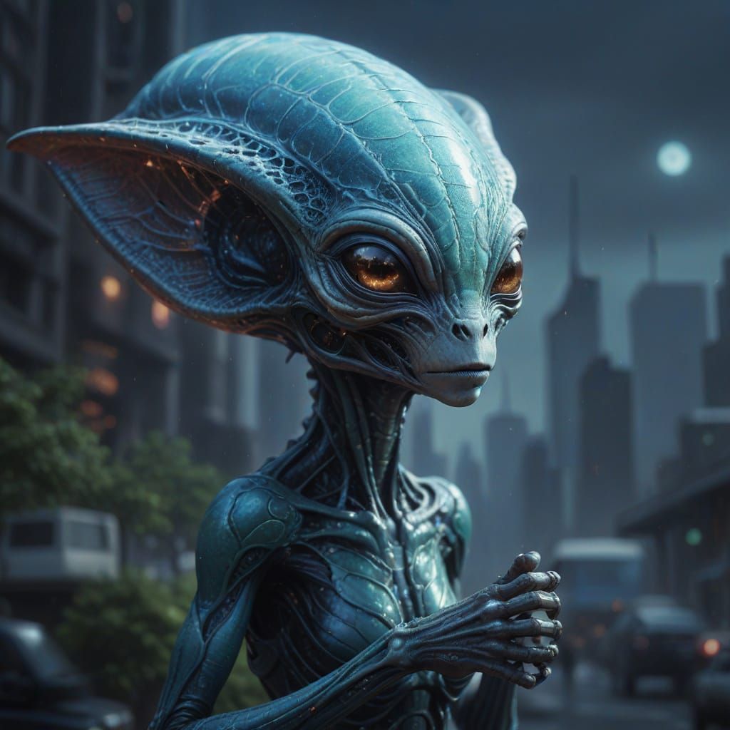 Vibrant Sci-Fi Alien in a Misty Cityscape