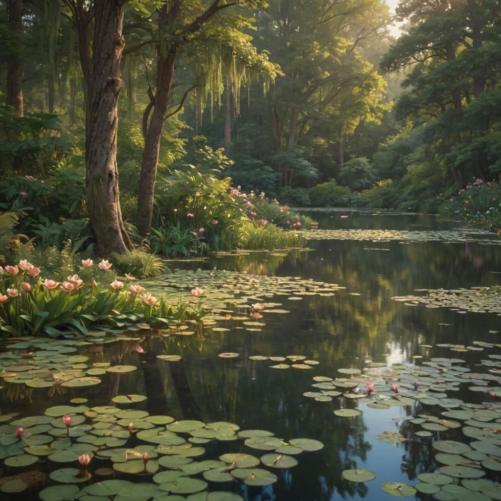Golden Pond: A Tranquil Waterside Oil Painting