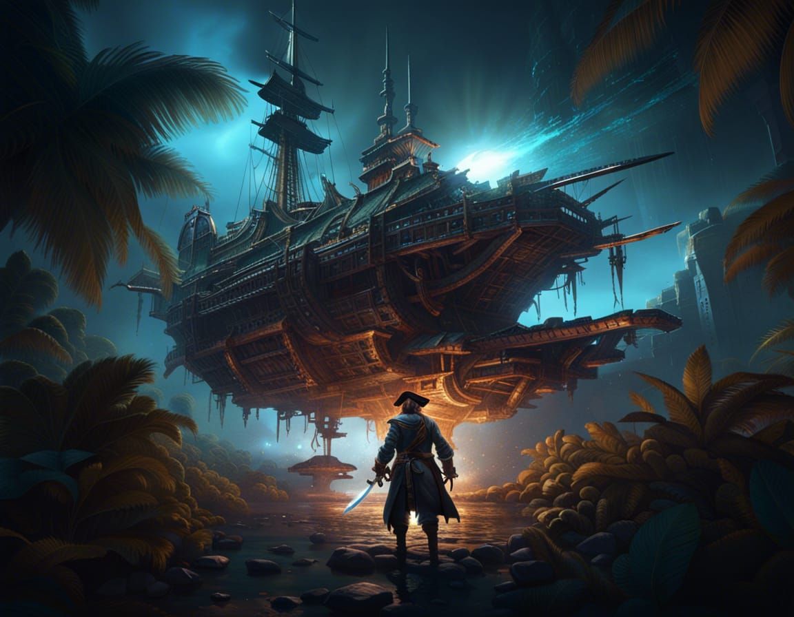 Pirate with Sword and Spaceship: Dark Fantasy Concept Art