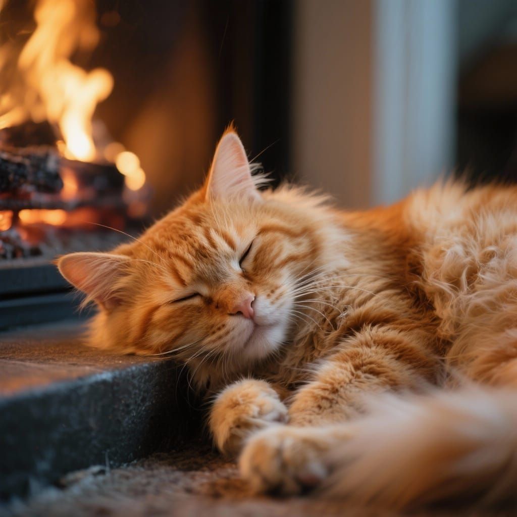 Fluffy Orange Cat Sleeping by Fireplace