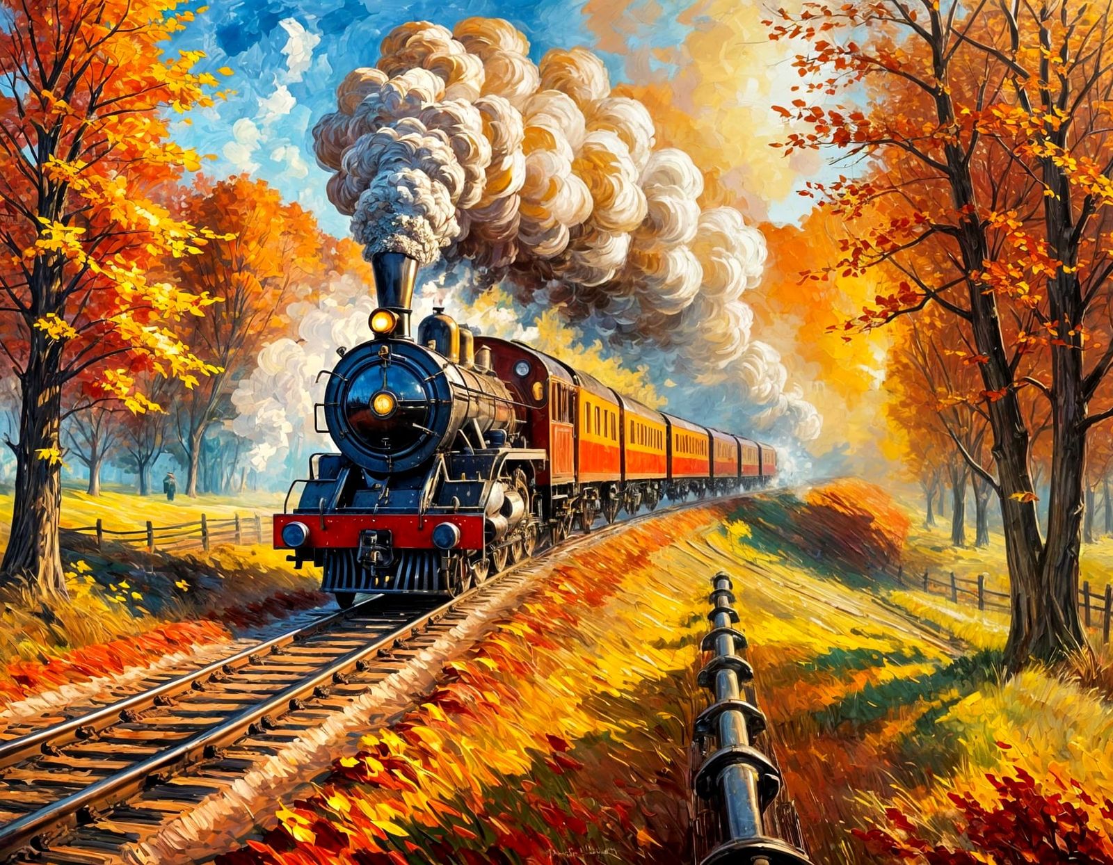 Steam Train Journey Through Autumn Landscape, Impressionist ...