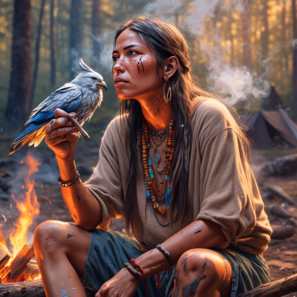 Native American Smoking Peace Pipe by Campfire