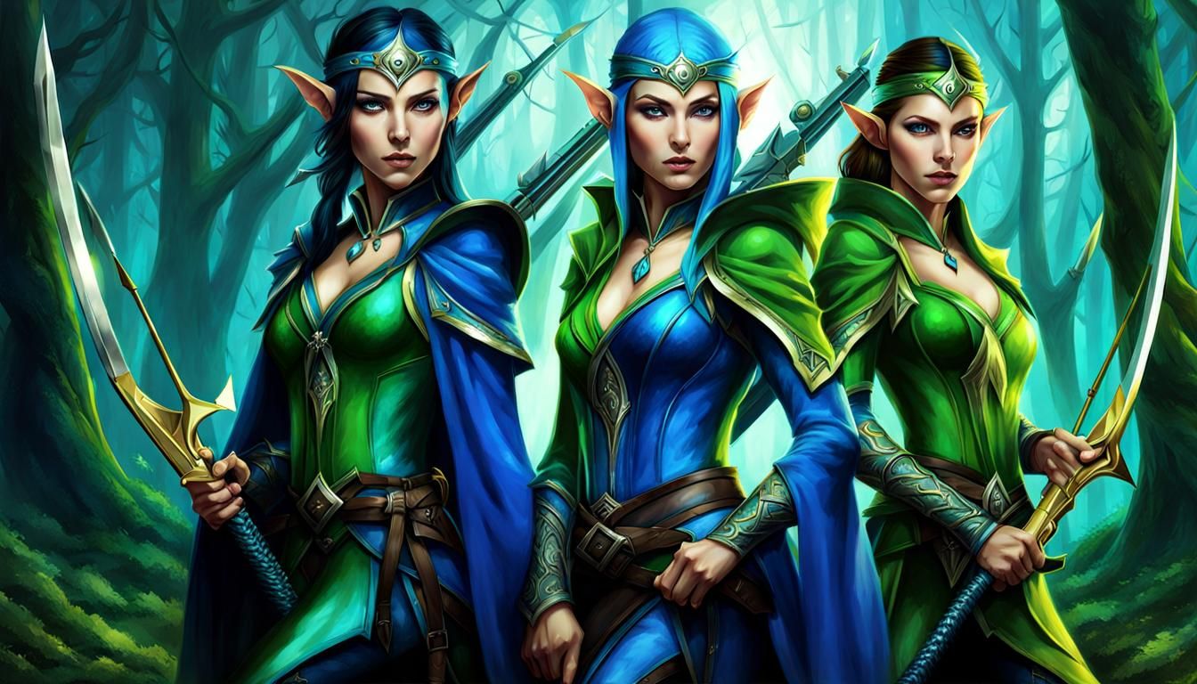 Elven Warriors with Weapons, Realistic Illustration