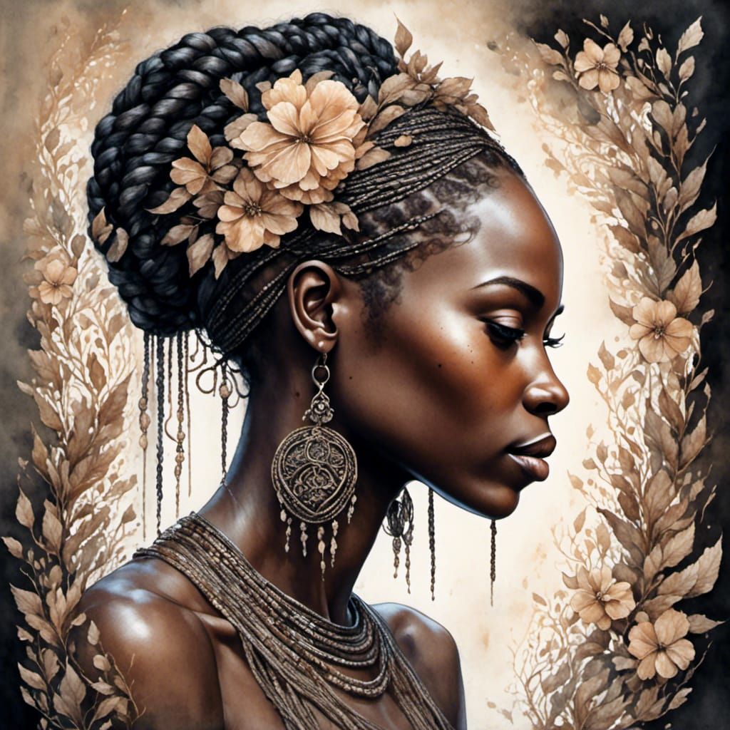 Elegant Profile of African Woman in Watercolor