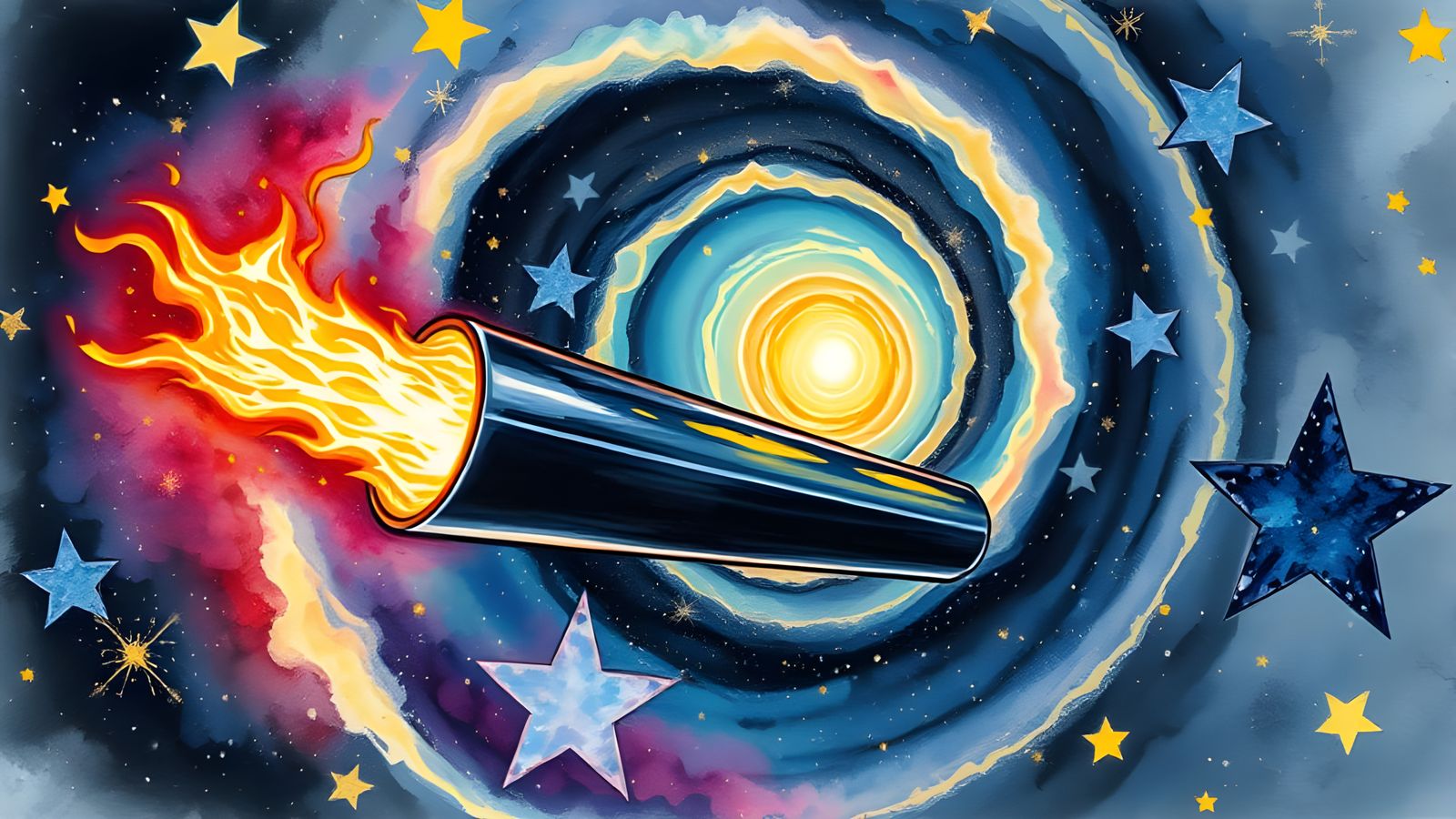 Obsidian Cylinder Soaring into Star Vortex in Watercolor