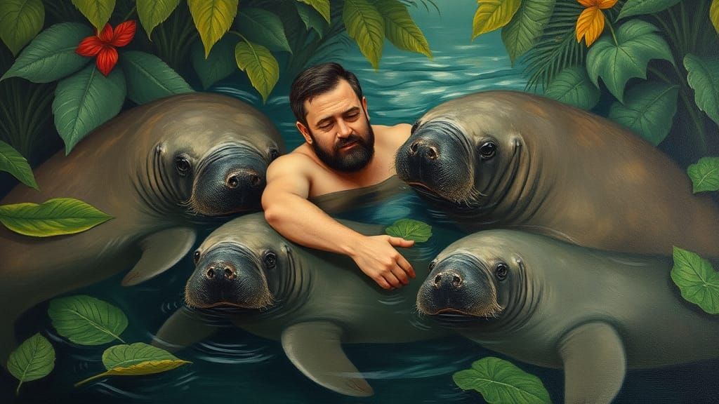 Man at Ease with Manatees: Naive Oil Painting