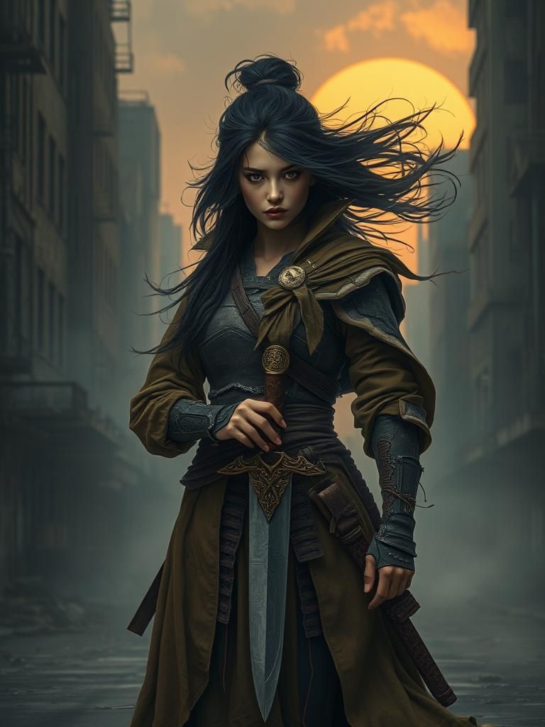 Samurai Woman in Dilapidated Post-Apocalyptic City
